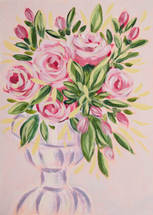 original colorful whimsical floral pink rose painting in a vase by florida artist