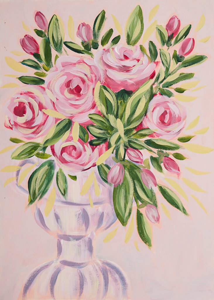 original colorful whimsical floral pink rose painting in a vase by florida artist