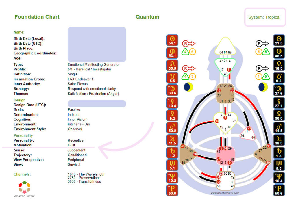 Human Design chart screenshot from Genetic Matrix highlighting the Variables section where motivation is listed, showing readers exactly where to find their motivation type.