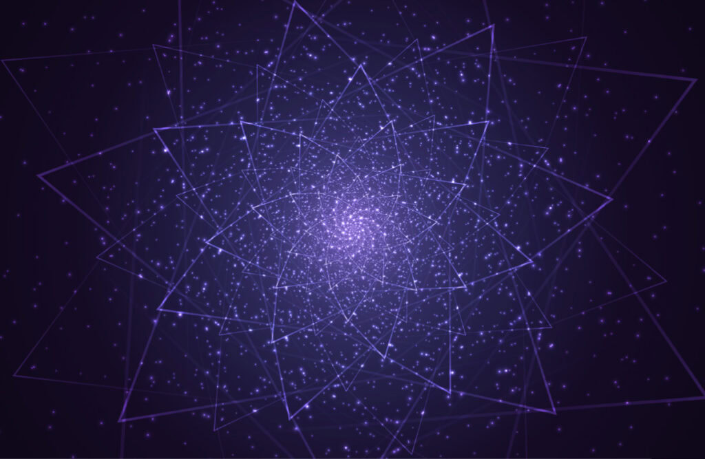 sacred geometry design in dark purple and blue cosmic sky, mystical starry background symbolizing spiritual alignment, 9/9/9 portal, and numerology energy.