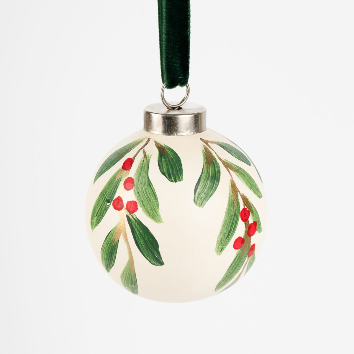 Classic red and green leaf and berry Christmas ornament, hand-painted by Florida artist; traditional meets grandmillennial holiday charm.