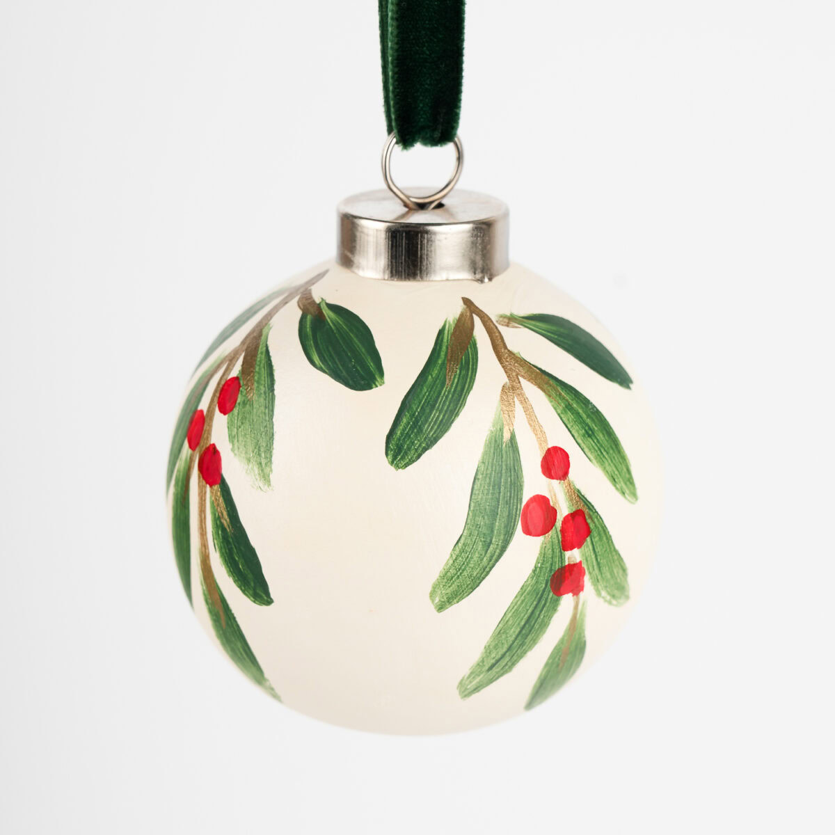 Classic red and green leaf and berry Christmas ornament, hand-painted by Florida artist; traditional meets grandmillennial holiday charm.