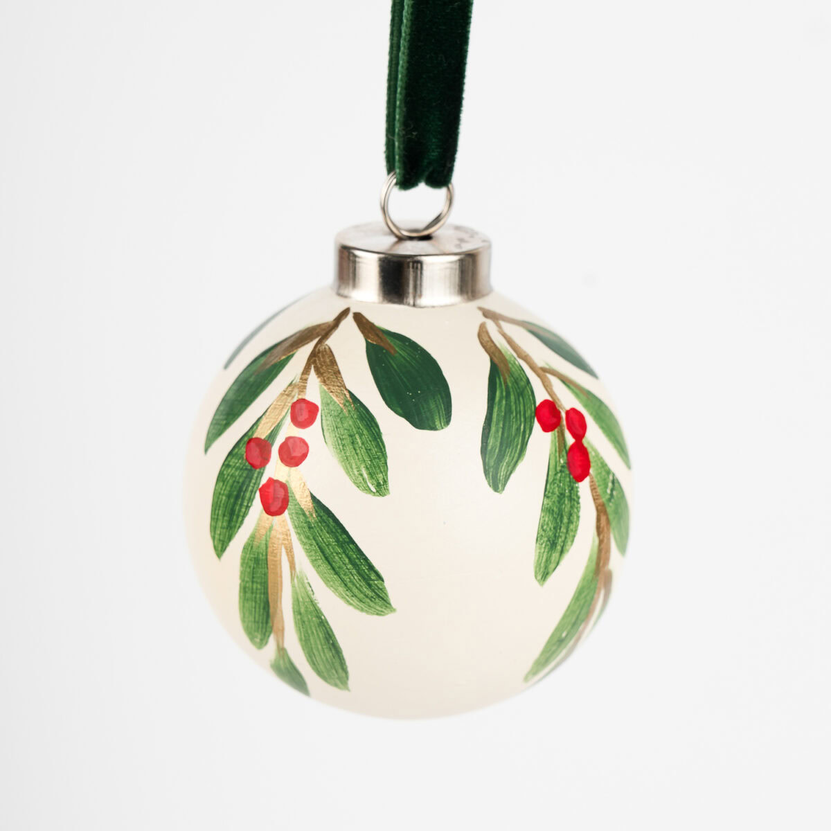 Classic red and green leaf and berry Christmas ornament, hand-painted by Florida artist; traditional meets grandmillennial holiday charm.