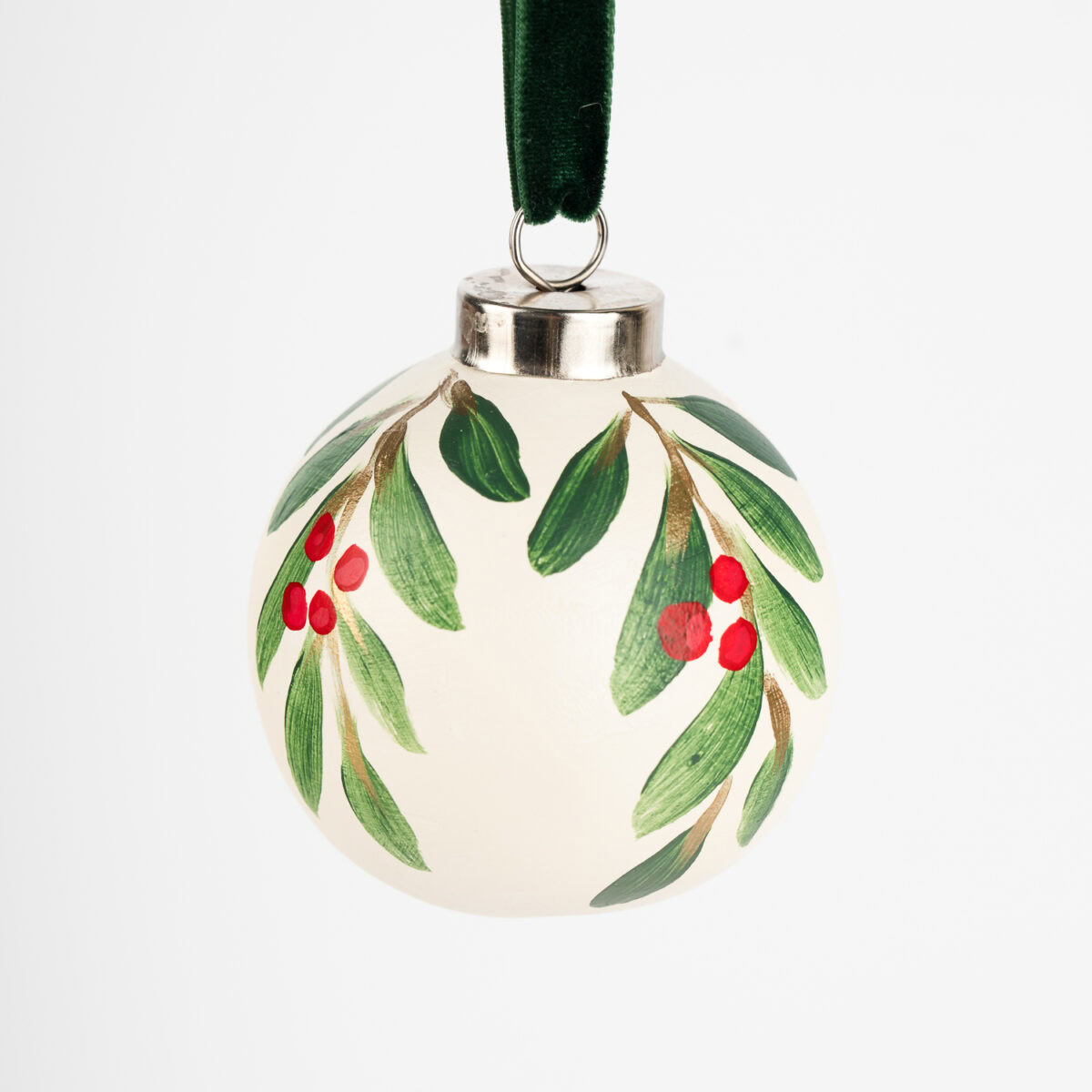 Classic red and green leaf and berry Christmas ornament, hand-painted by Florida artist; traditional meets grandmillennial holiday charm.