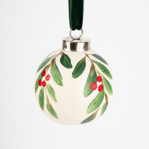 Classic red and green leaf and berry Christmas ornament, hand-painted by Florida artist; traditional meets grandmillennial holiday charm.