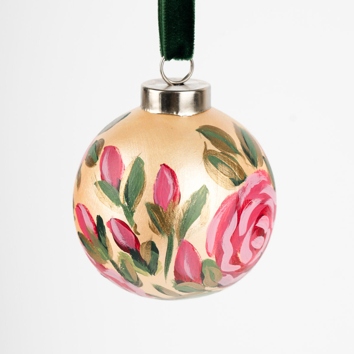 Blush pink floral Christmas ornament with gold shimmer and green accents; handcrafted by Florida artist, grandmillennial or feminine boho style.