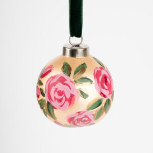 Blush pink floral Christmas ornament with gold shimmer and green accents; handcrafted by Florida artist, grandmillennial or feminine boho style.
