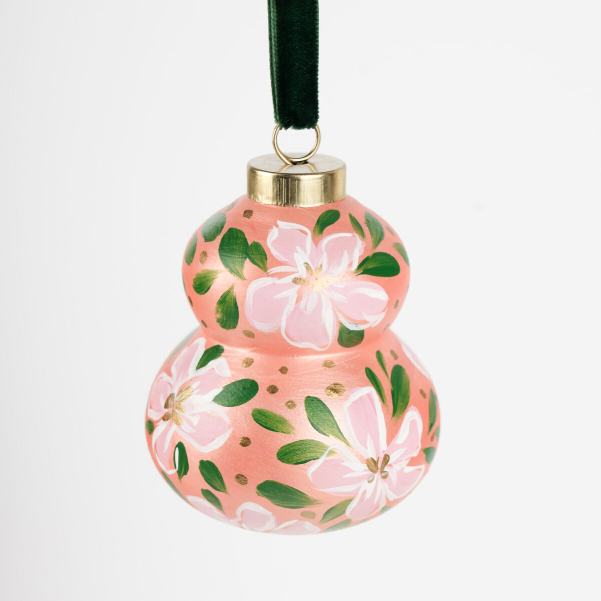 Blush pink floral Christmas ornament with gold shimmer and green accents; handcrafted by Florida artist, grandmillennial or feminine boho style.