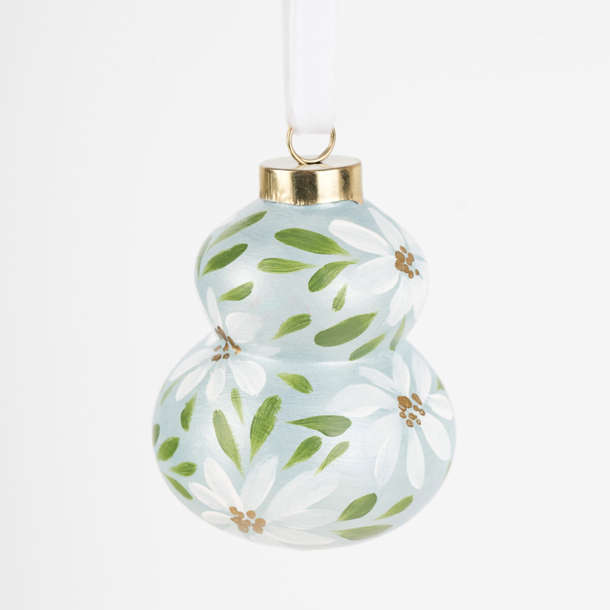 Artist-painted floral Christmas ornament in light teal and blue hues by Florida artist; modern boho decor, perfect for grandmillennial homes.