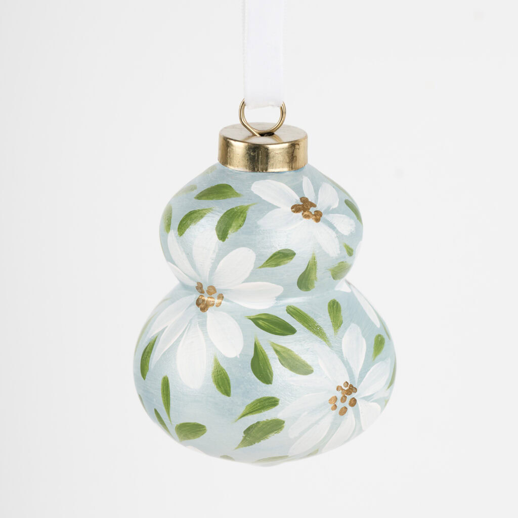 Artist-painted floral Christmas ornament in light teal and blue hues by Florida artist; modern boho decor, perfect for grandmillennial homes.