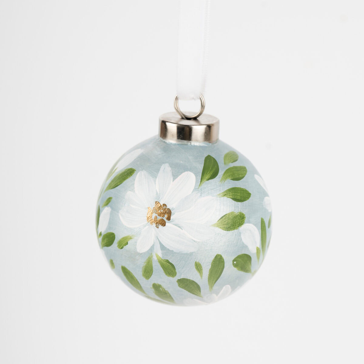 Artist-painted floral Christmas ornament in light teal and blue hues by Florida artist; modern boho decor, perfect for grandmillennial homes.