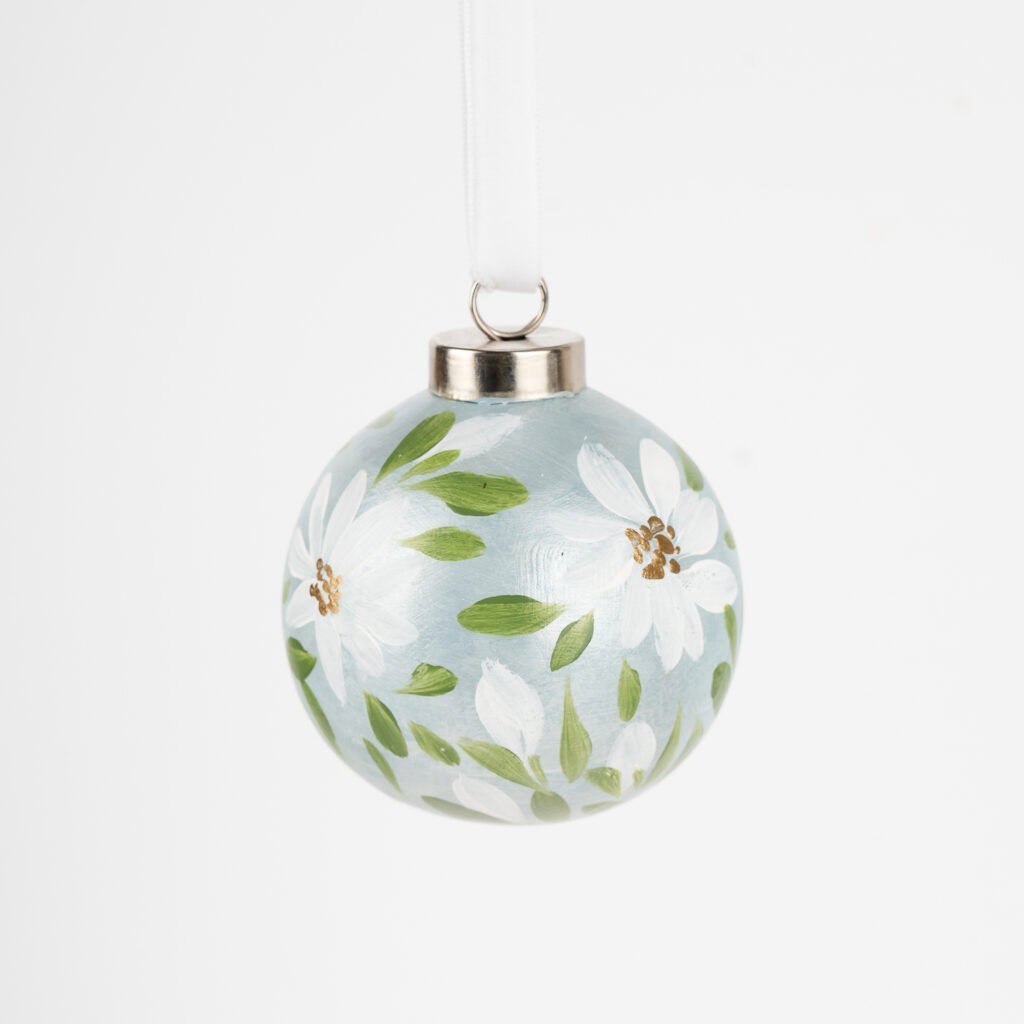 Artist-painted floral Christmas ornament in light teal and blue hues by Florida artist; modern boho decor, perfect for grandmillennial homes.
