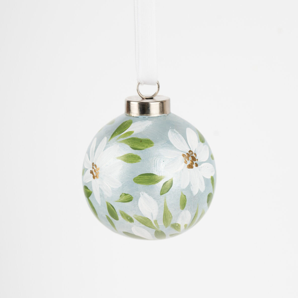 Artist-painted floral Christmas ornament in light teal and blue hues by Florida artist; modern boho decor, perfect for grandmillennial homes.