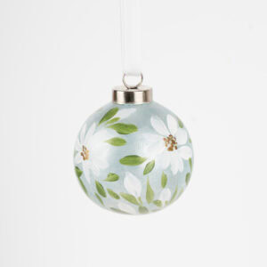 Artist-painted floral Christmas ornament in light teal and blue hues by Florida artist; modern boho decor, perfect for grandmillennial homes.