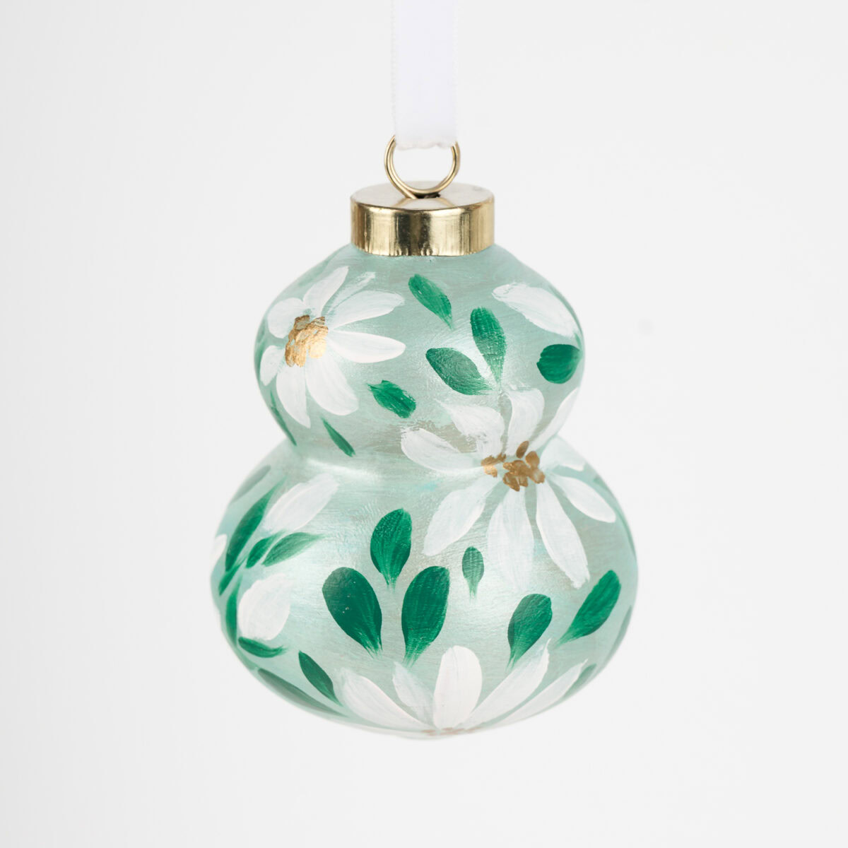 Artist-painted floral Christmas ornament in light teal and blue hues by Florida artist; modern boho decor, perfect for grandmillennial homes.