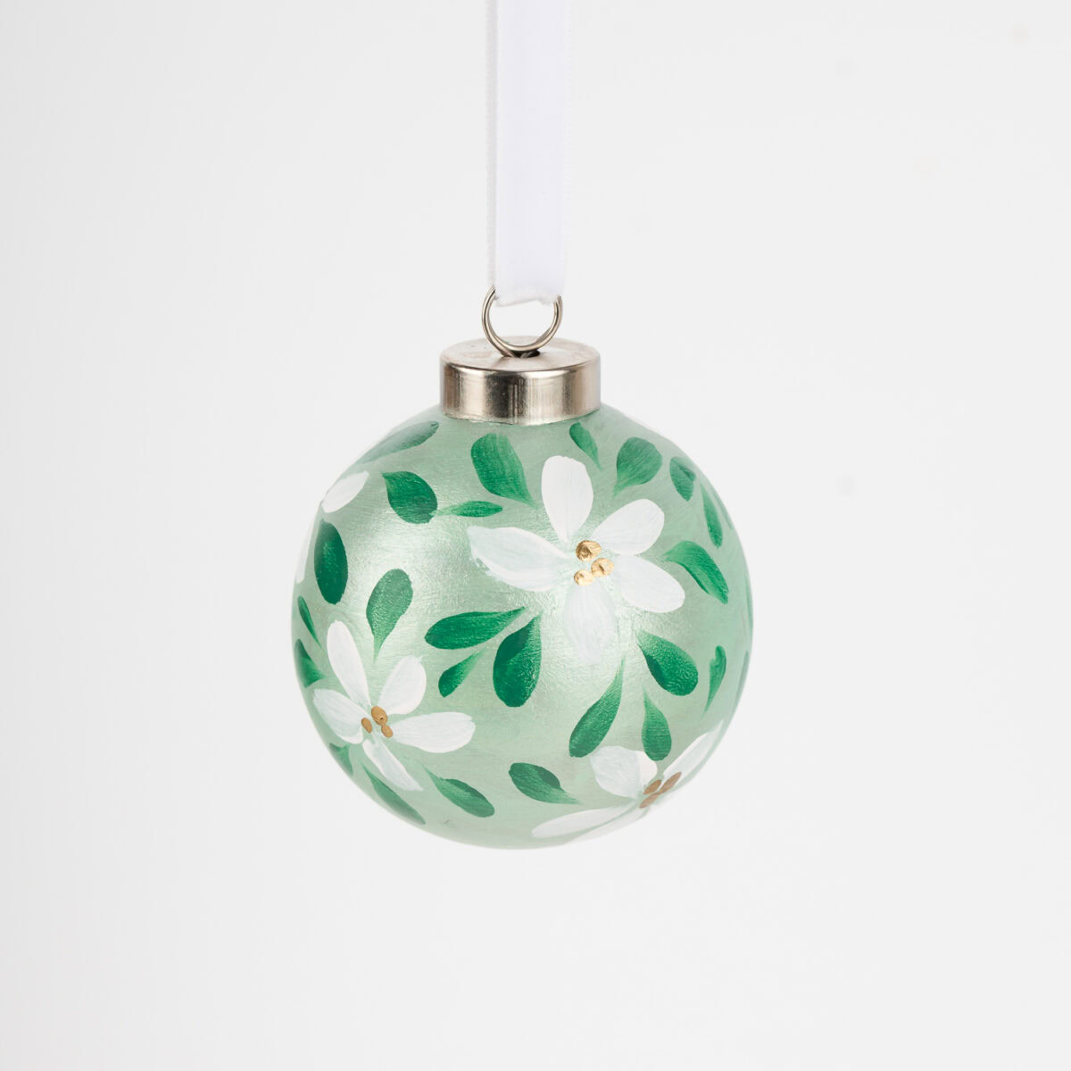 Hand-painted blue and teal floral Christmas ornament by Florida artist; coastal home decor with boho grandmillennial charm.