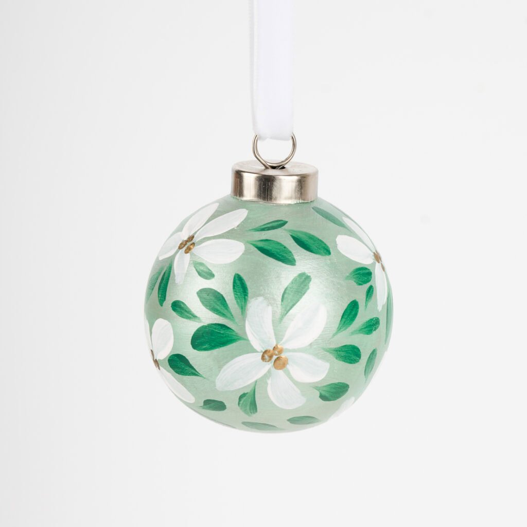 Hand-painted blue and teal floral Christmas ornament by Florida artist; coastal home decor with boho grandmillennial charm.