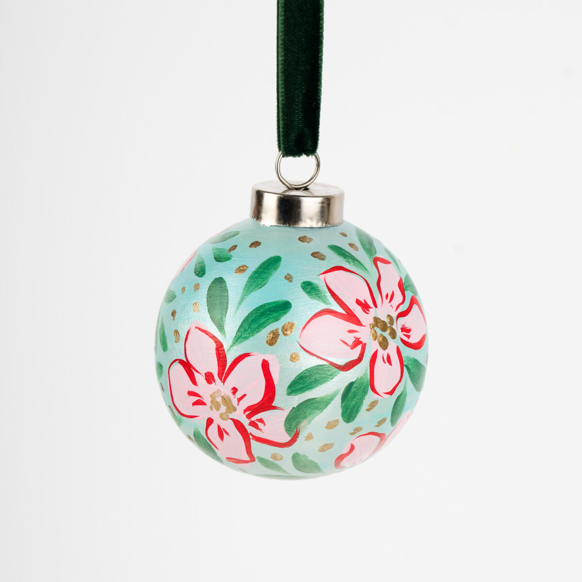 Artist-painted floral Christmas ornament in red, pink, light teal and blue hues by Florida artist; modern boho decor, perfect for grandmillennial homes.