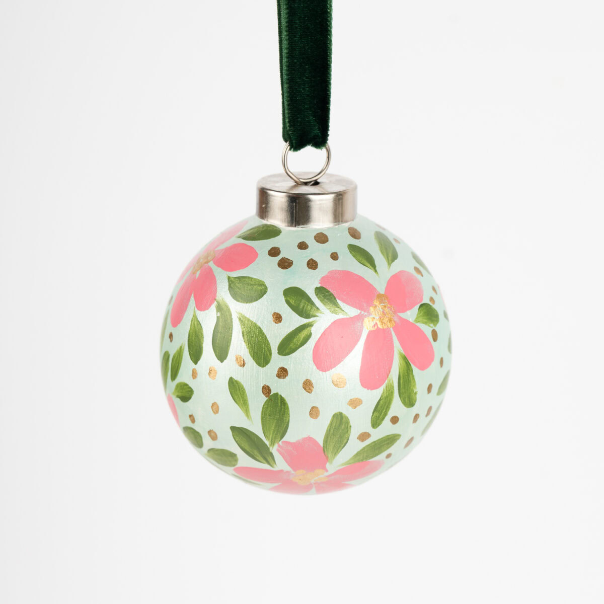 Blush pink floral Christmas ornament with gold shimmer and green accents; handcrafted by Florida artist, grandmillennial or feminine boho style.