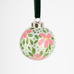 Blush pink floral Christmas ornament with gold shimmer and green accents; handcrafted by Florida artist, grandmillennial or feminine boho style.