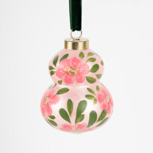 Blush pink floral Christmas ornament with gold shimmer and green accents; handcrafted by Florida artist, grandmillennial or feminine boho style.
