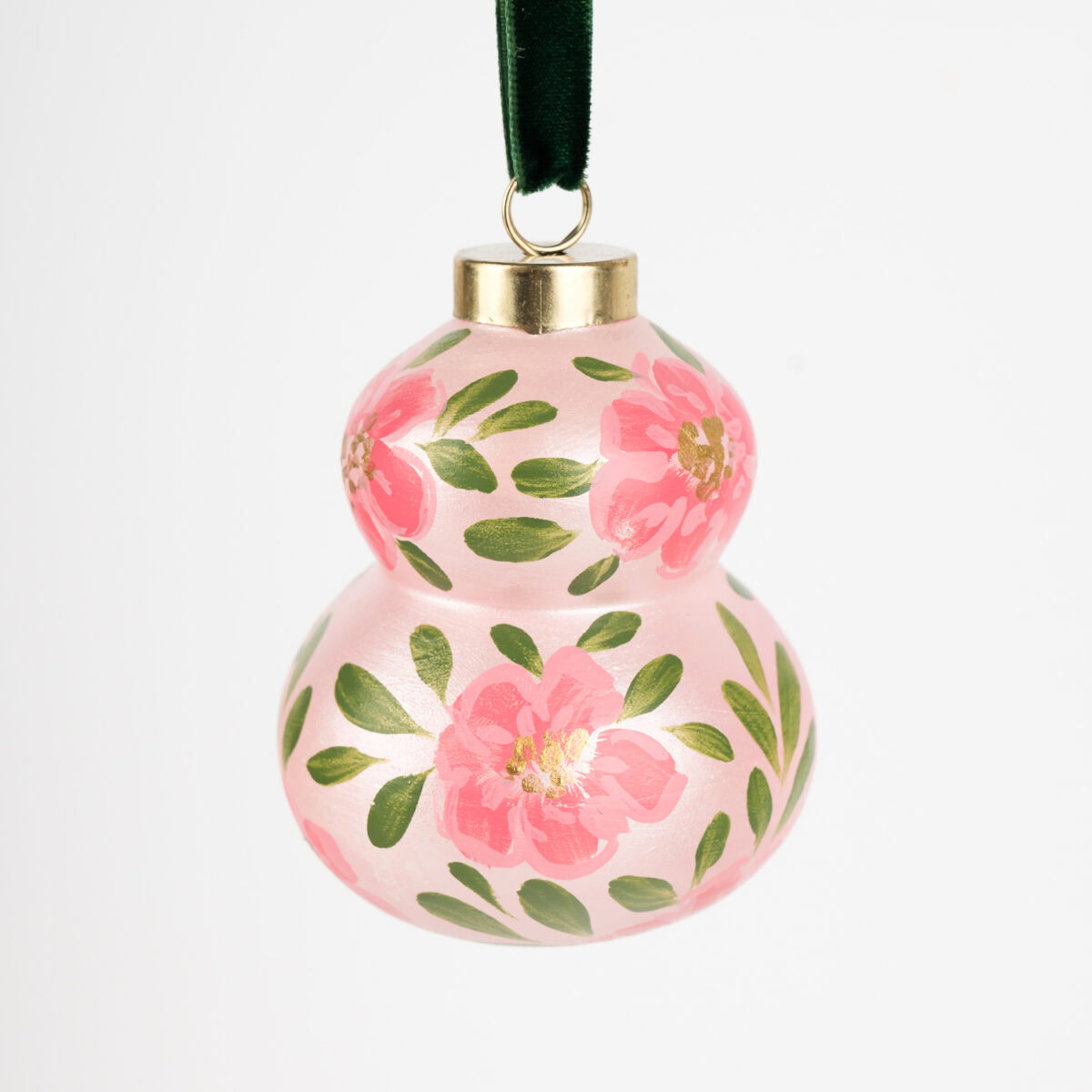 Blush pink floral Christmas ornament with gold shimmer and green accents; handcrafted by Florida artist, grandmillennial or feminine boho style.