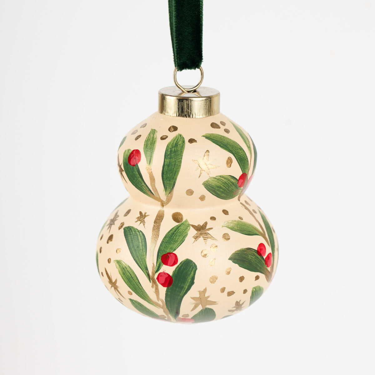 Classic red and green leaf and berry Christmas ornament, hand-painted by Florida artist; traditional meets grandmillennial holiday charm.