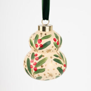 Classic red and green leaf and berry Christmas ornament, hand-painted by Florida artist; traditional meets grandmillennial holiday charm.