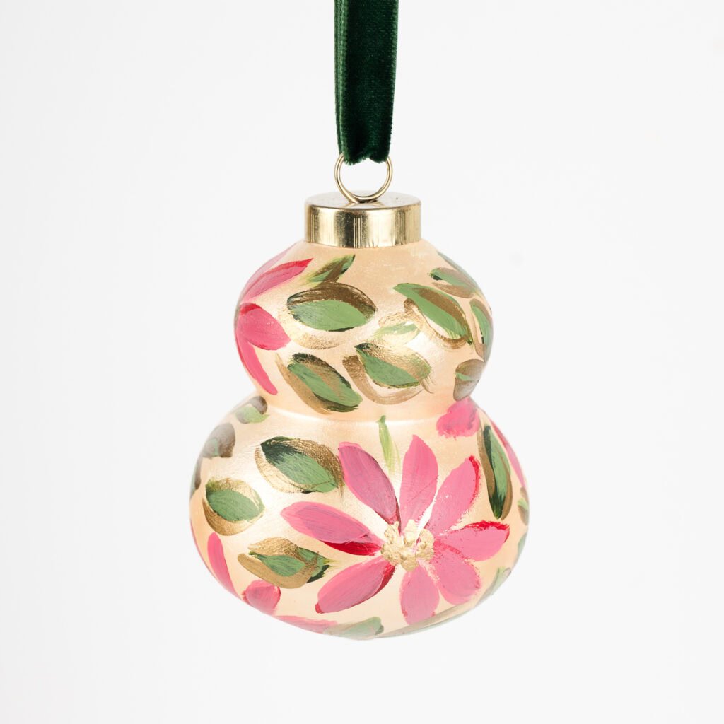 Blush pink floral Christmas ornament with gold shimmer and green accents; handcrafted by Florida artist, grandmillennial or feminine boho style.