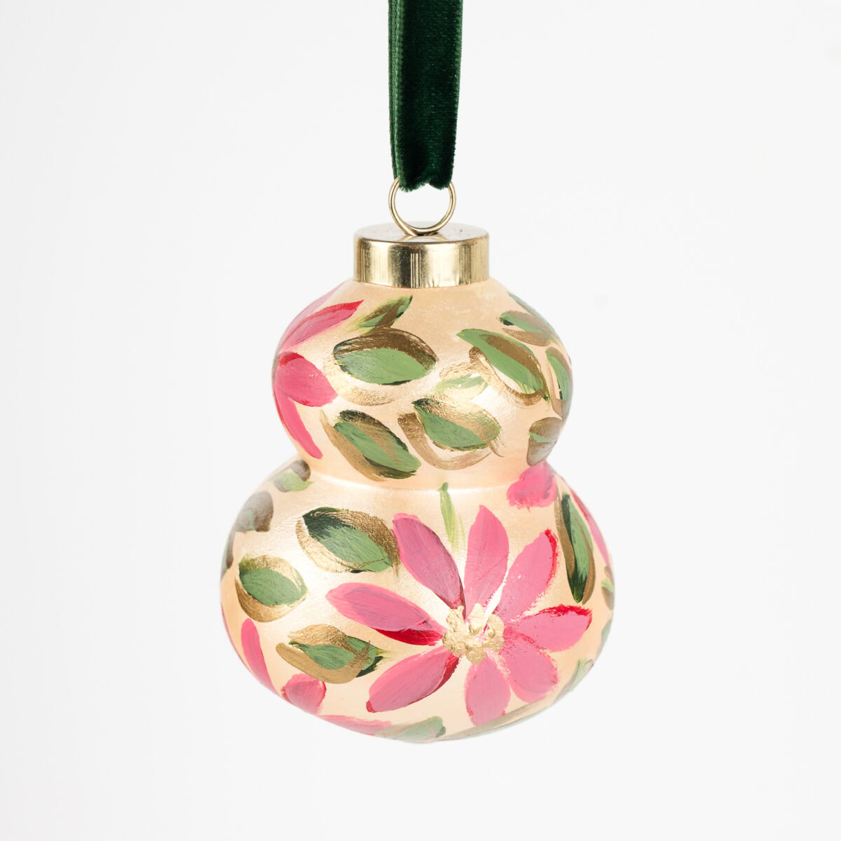 Blush pink floral Christmas ornament with gold shimmer and green accents; handcrafted by Florida artist, grandmillennial or feminine boho style.