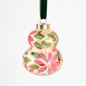 Blush pink floral Christmas ornament with gold shimmer and green accents; handcrafted by Florida artist, grandmillennial or feminine boho style.
