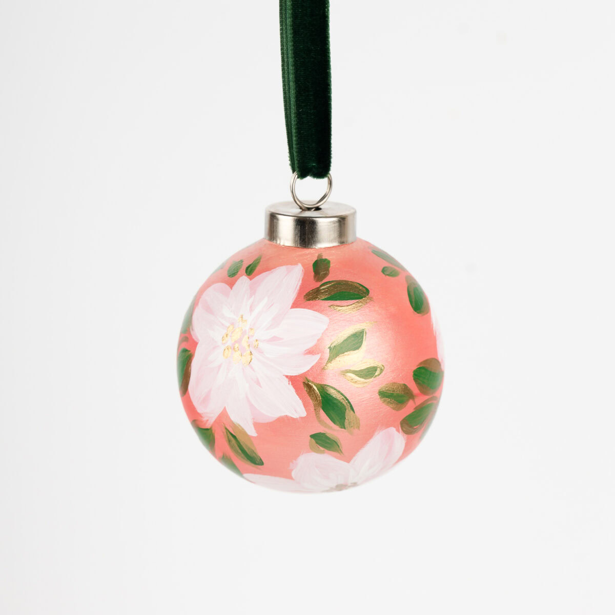 Blush pink floral Christmas ornament with gold shimmer and green accents; handcrafted by Florida artist, grandmillennial or feminine boho style.