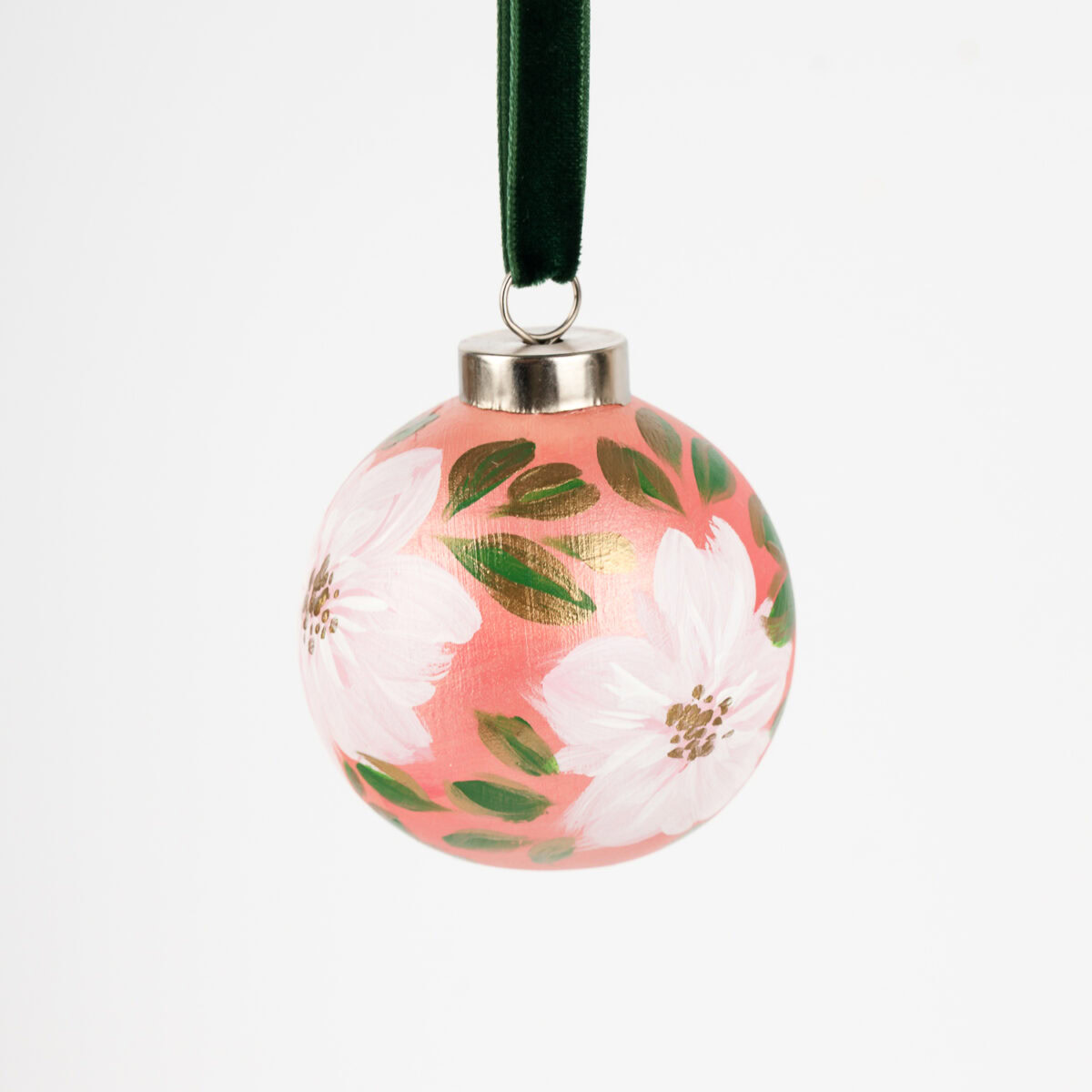Blush pink floral Christmas ornament with gold shimmer and green accents; handcrafted by Florida artist, grandmillennial or feminine boho style.