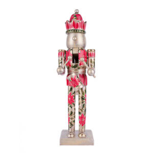 Hand-painted red poinsettia nutcracker with gold and green details by Florida artist; festive grandmillennial holiday decor.