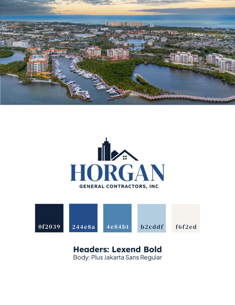 Custom branding and website design for Horgan GCI, a Jupiter, Florida construction company specializing in luxury residential and commercial builds. Design concept by Photo + Design Company.