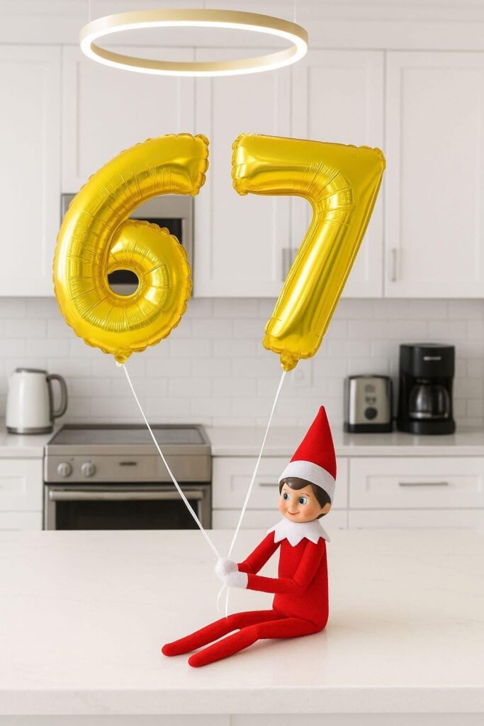 Elf on the Shelf holding gold number balloons for the 6–7 joke or a Christmas countdown. No-prep elf idea.