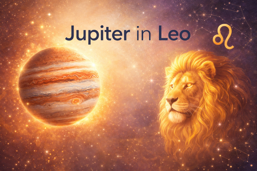 Jupiter in Leo astrology illustration with glowing planet and lion symbol in a cosmic background.