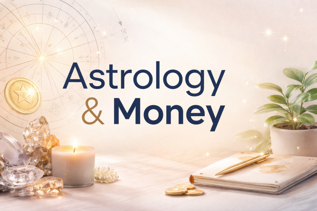 astrology and money image of a mystical desk, notebook, gold pen, glowing candle and astrological wheel in the background with natural plants and crystals