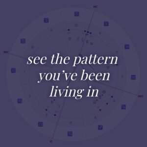 Artistic digital artwork featuring zodiac symbols and celestial patterns with the phrase "see the pattern you’ve been living in" overlaid.
