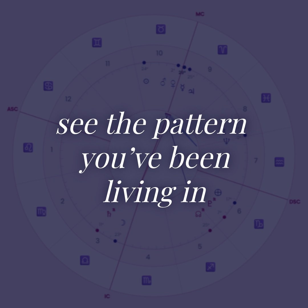 Artistic digital artwork featuring zodiac symbols and celestial patterns with the phrase "see the pattern you’ve been living in" overlaid.