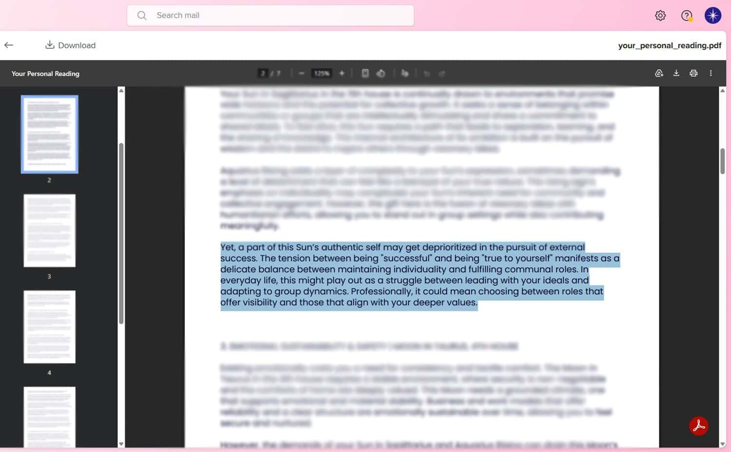 Highlighted excerpt from a PDF document discussing the balance between external influences and personal values.