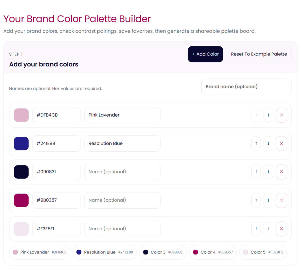 An intuitive tool for artists and designers to create personalized color palettes by adding and naming brand colors for visual branding projects.