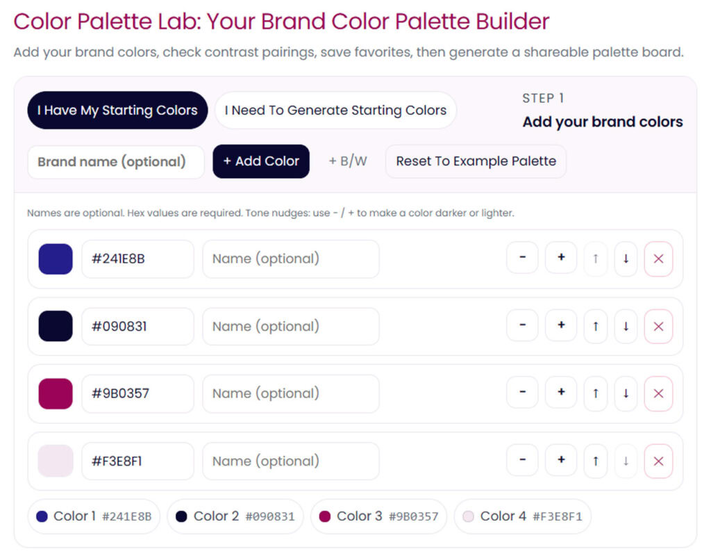 The Color Palette Lab™ is a digital color palette builder showcasing custom color selections for creative projects and branding. The Color Palette Lab interface.