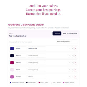 An intuitive color palette generator and builder tool for artists and designers to create personalized color palettes by adding and naming brand colors for visual branding projects.