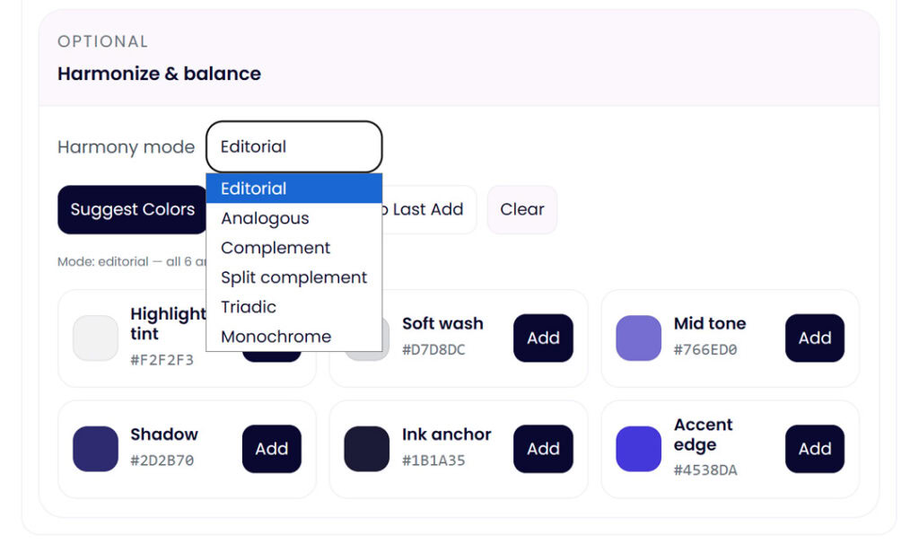 color palette generator tool to create harmonized and balanced palettes for brand and web design