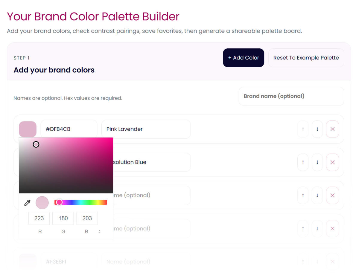 Digital screenshot of a color palette builder interface showing pink lavender, solution blue, and a color with RGB values 223, 180, 203.