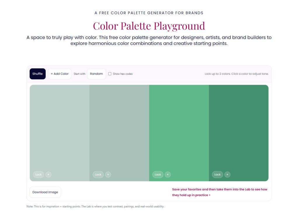 Color Palette generator Playground showing shuffled color palette combinations