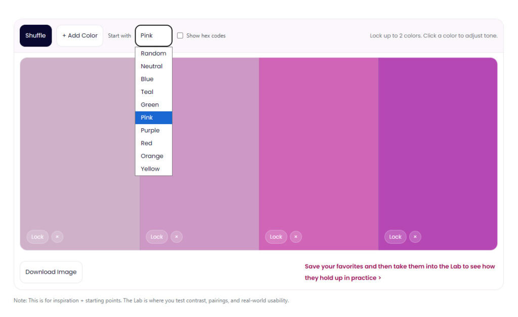 Interactive color palette generator with locked colors and evolving combinations