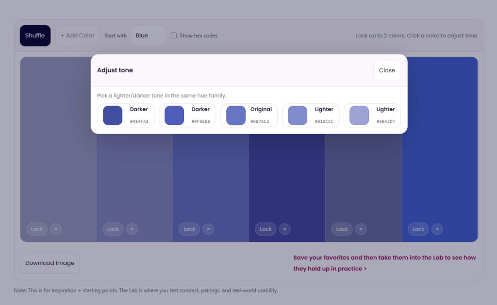 Color Palette generator Playground interface for exploring and refining color palettes