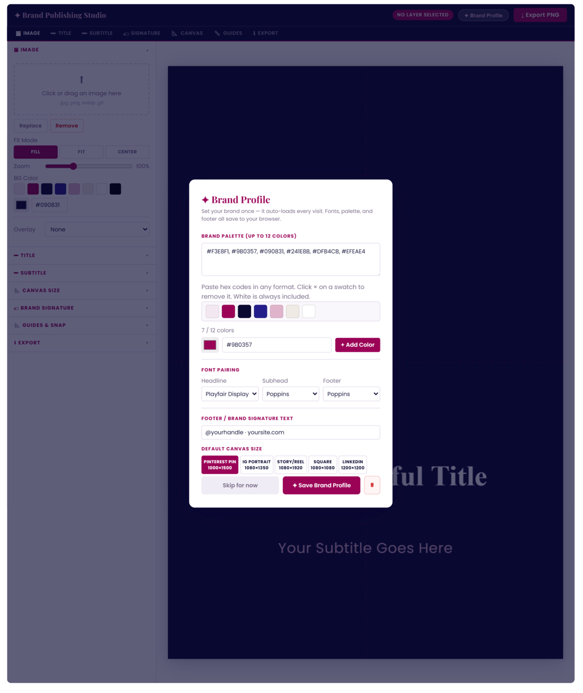 Interface screenshot of the Brand Publishing Studio customization panel showing color, font, and layout options.